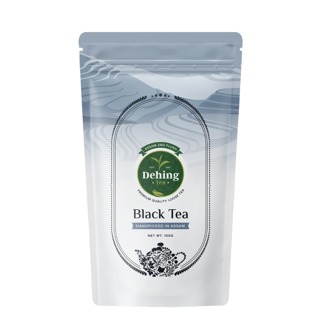 Packaging of Dehing Assam Black Tea 2nd Flush, featuring a predominantly white bag with black and silver accents, branding, and text indicating the product as 'Black Tea' and '2nd Flush'.