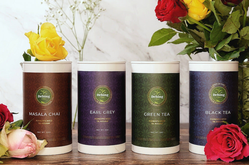 how to store tea properly - Dehing Tea Masala Chai, Earl Grey, Green Tea and Black Tea in gift caddies air tight storage