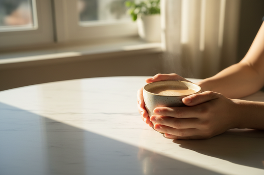 Enjoying a calming moment in the sunshine with a cup of Assam black tea with milk