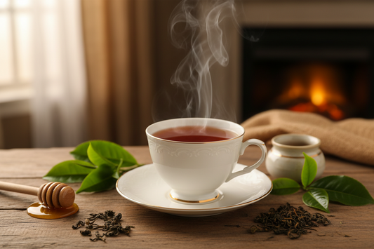 What does Assam tea taste like? Image shows a wooden surface table with a cup and saucer of hot tea and fresh green leaves and loose leaf tea on the table alongside a honey dipper.