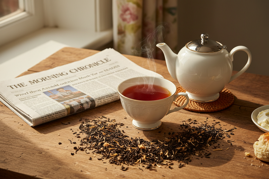 Wooden table surface with a pot of tea and a filled tea cup of steaming hot tea, around which are loose leaf tea and a folded newspaper