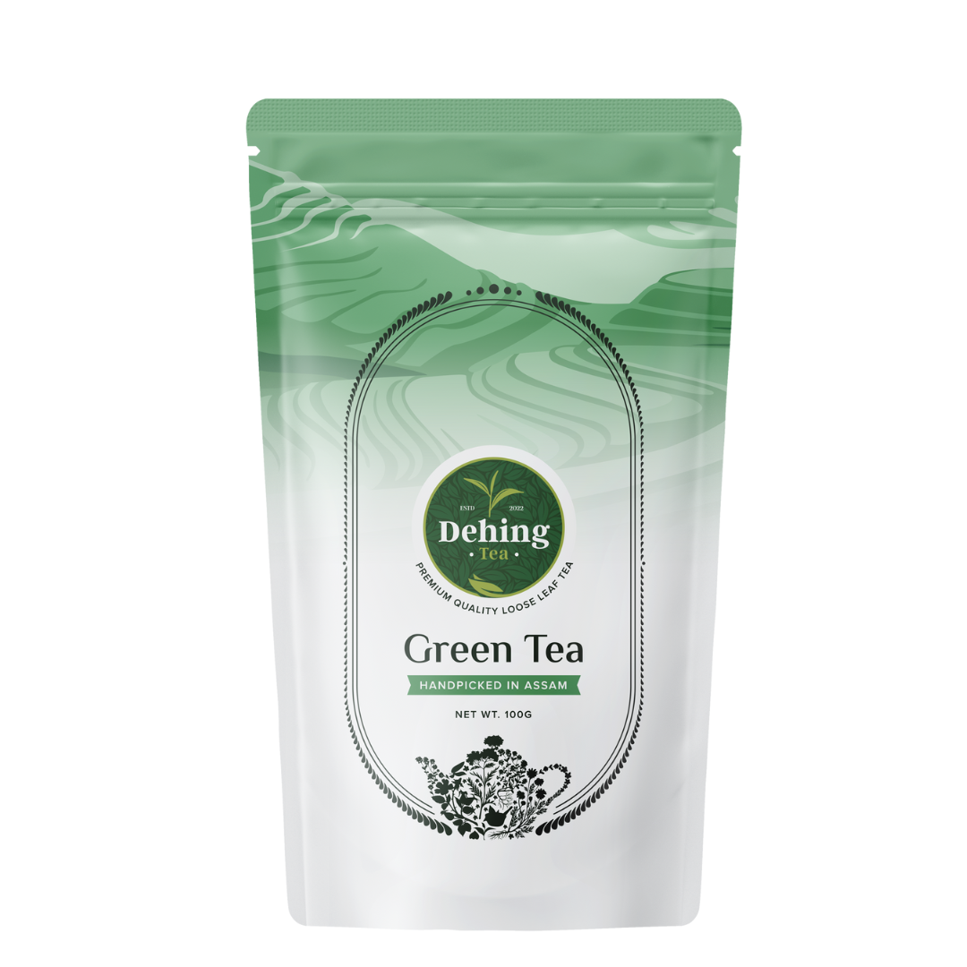 A branded 100g packaged pouch of Dehing Assam Green Tea - premium quality loose leaf tea handpicked in Assam