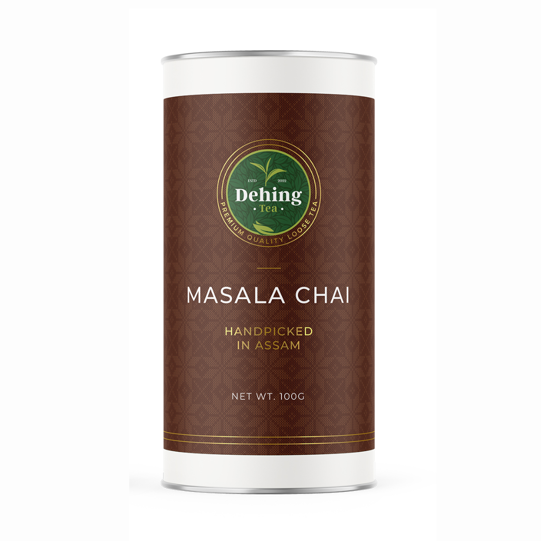 100g gift caddy of masala chai tea with the Dehing Tea branding and logo 