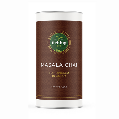 100g gift caddy of masala chai tea with the Dehing Tea branding and logo 