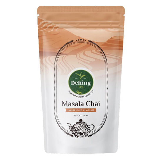 Package of Dehing Masala Chai tea with the brand logo and product name visible.